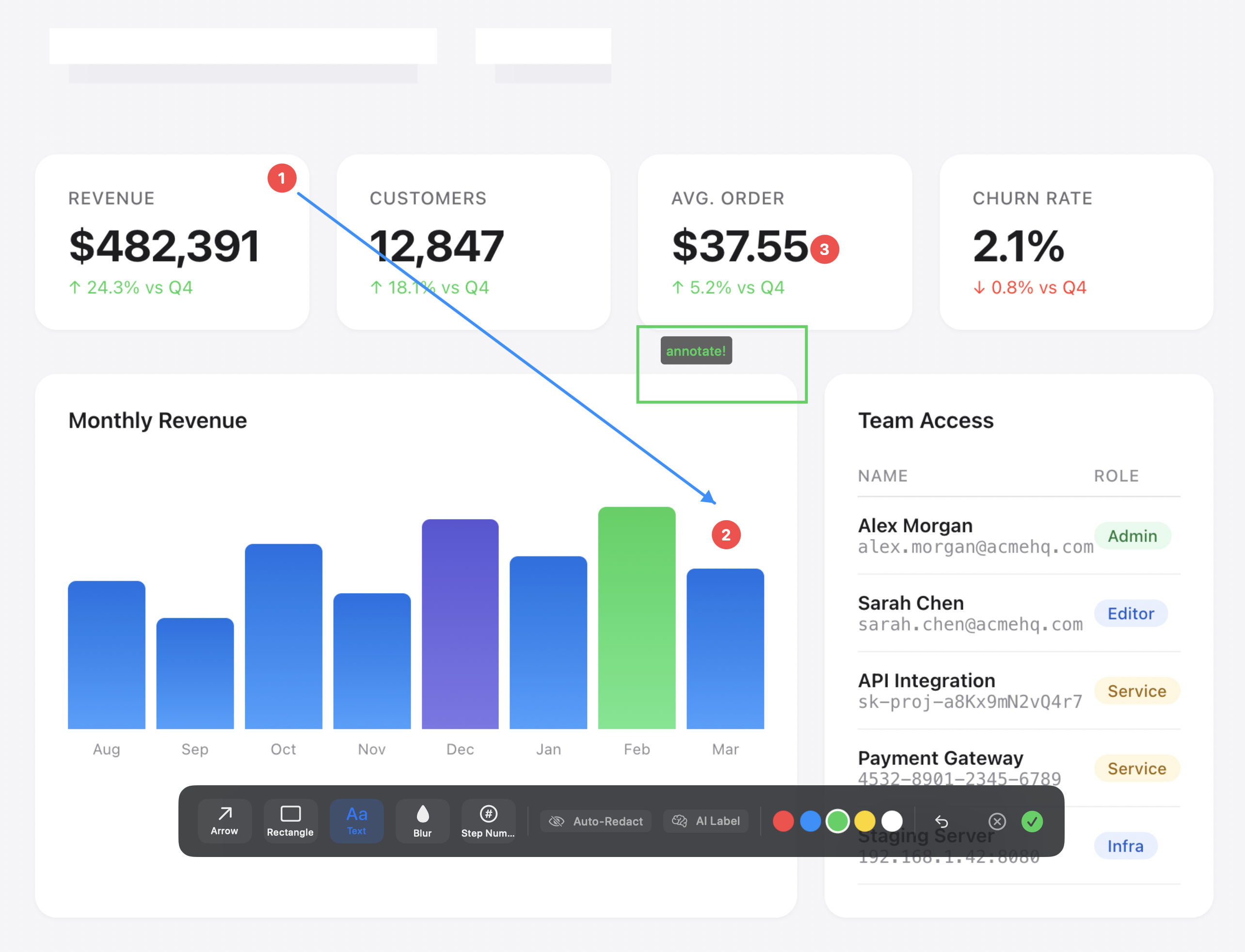 Annotation overlay with step numbers, arrows, and toolbar