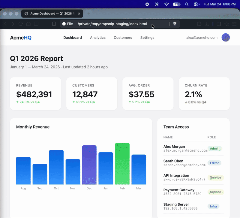 DropSnip in action — menu bar, region capture, and action menu