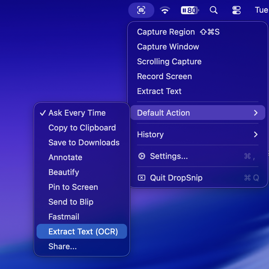DropSnip Settings showing customizable action menu